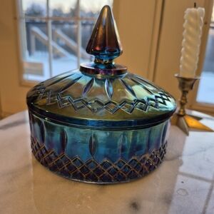 Indiana Carnival Glass Iridescent Blue and Purple Lidded Dish Princess Pattern